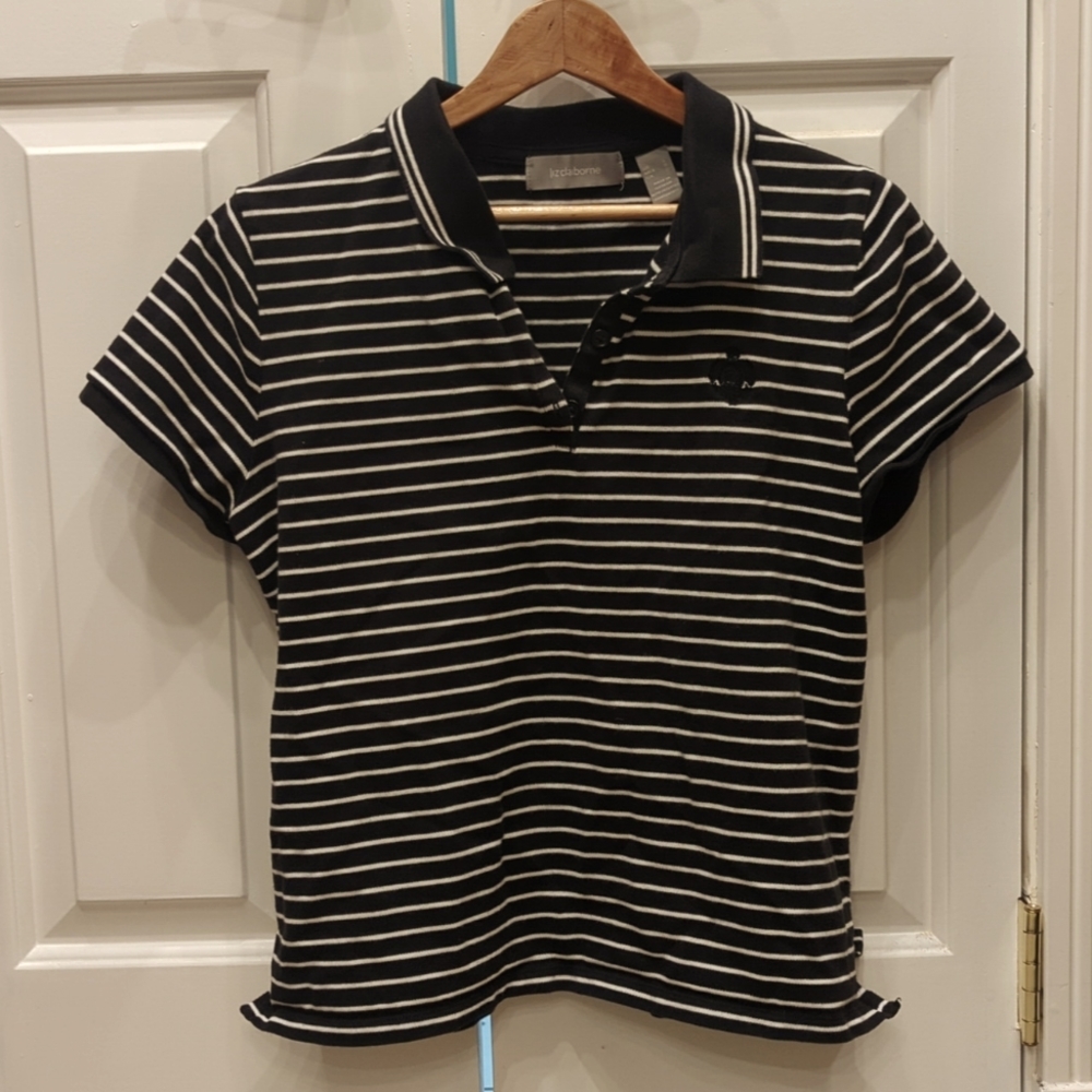Liz Claiborne knit black and white striped polo